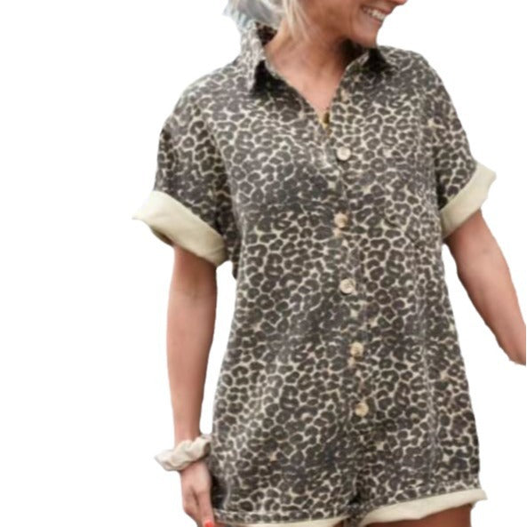 Women's Vacation Printed Lapel One-Piece Shorts Romper