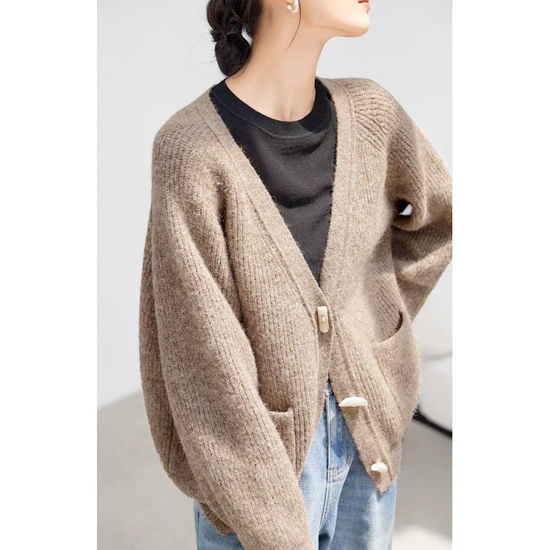 Winter New Horn Button Loose Sweater Coat
