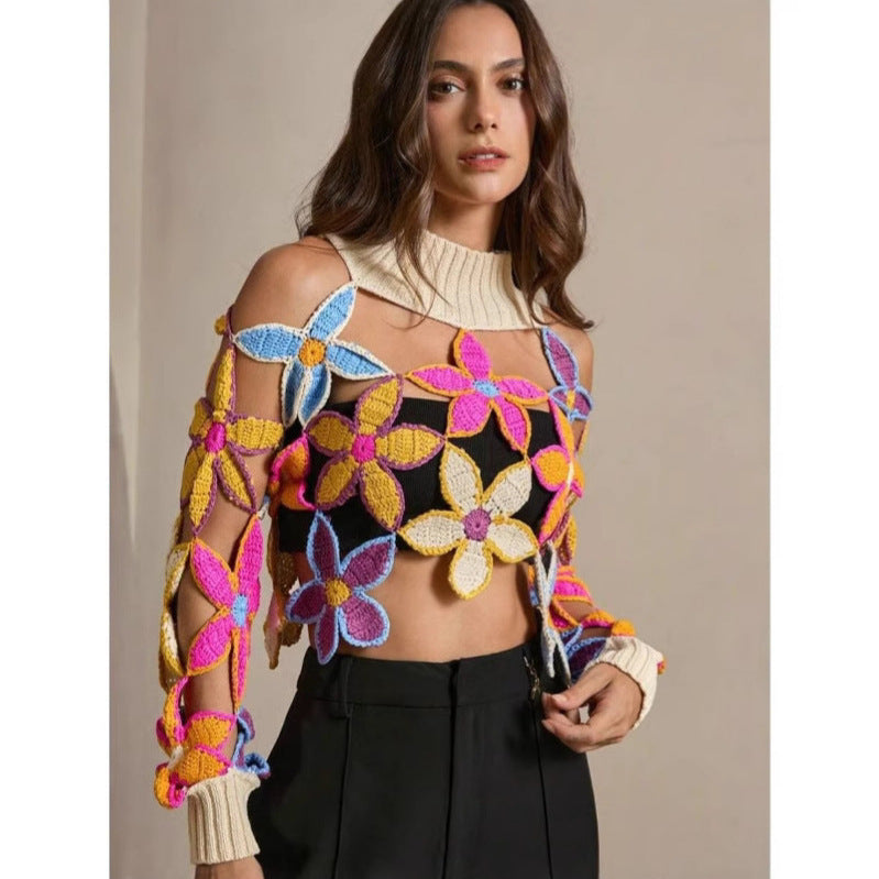 Handmade Crocheted Women's European and American Fashion High Collar Short Sweater