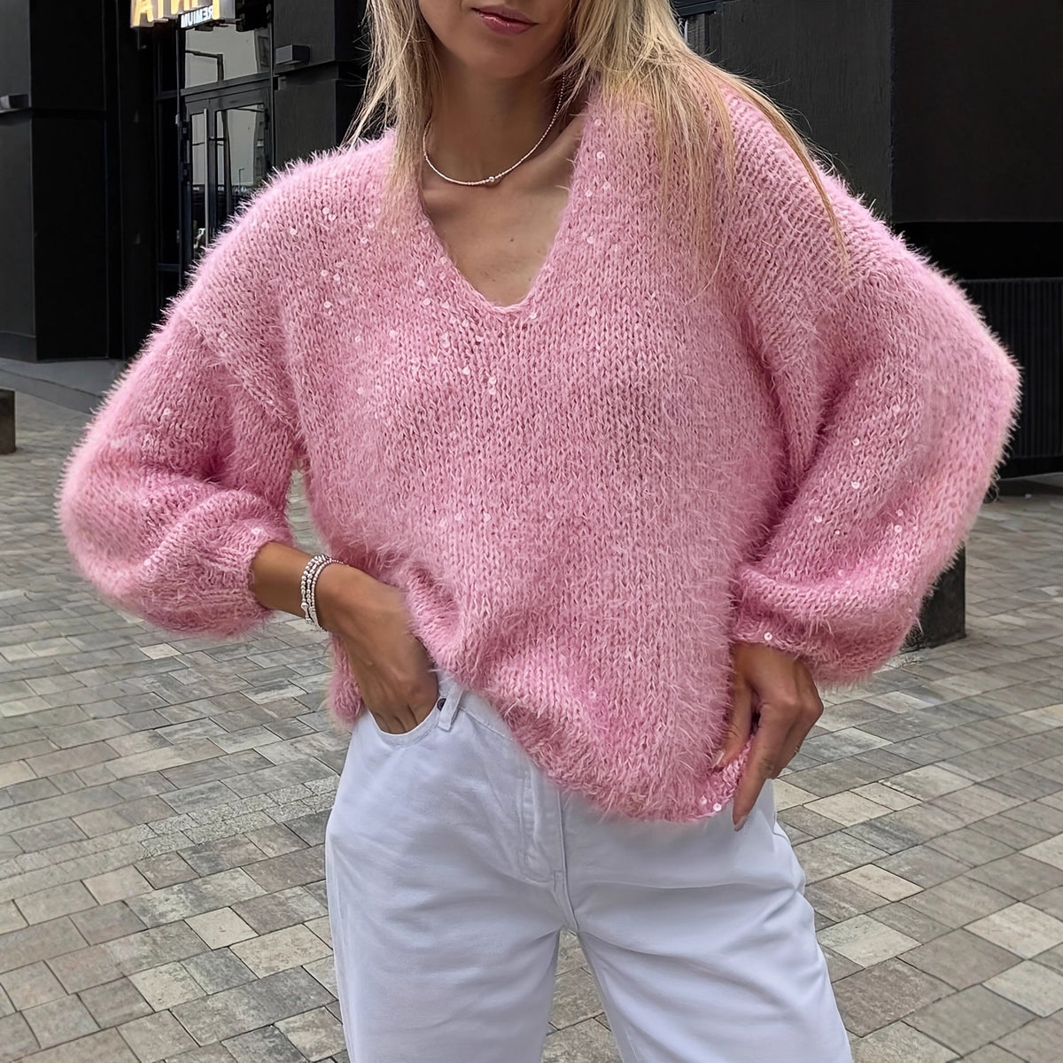 Loose Shiny Pink Women's Sweater