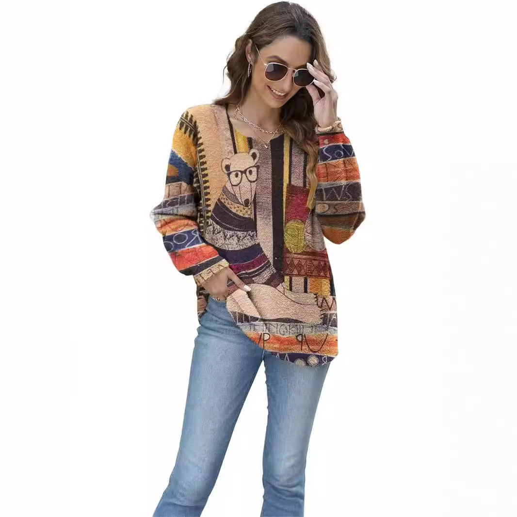 Women's Pullover Leisure Loose Long Sleeve Bear Sweater