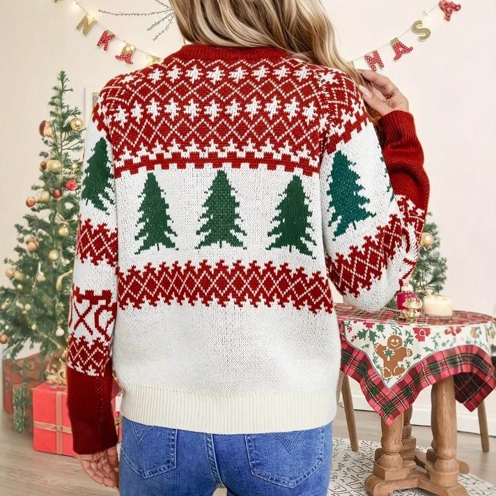Christmas Tree with Rhombus Round Neck Long Sleeve Knitted Sweater
