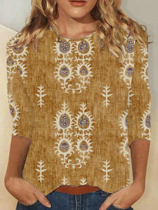 Gradient Floral Print Long Sleeve Round Neck Top