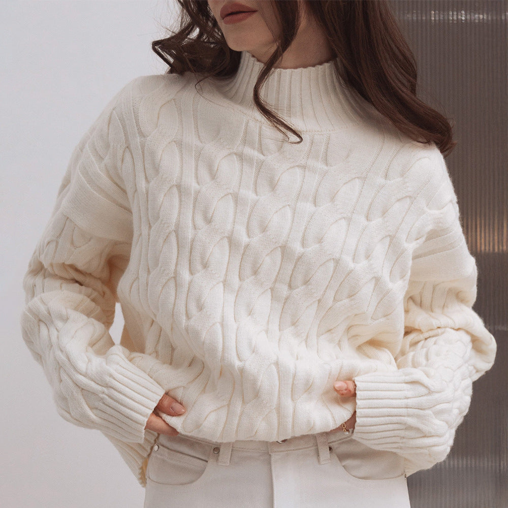 Mock Neck Cable-knit Sweater Loose Pullover Women