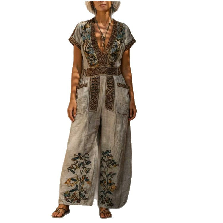 Women's Floral V-Neck Pocket Jumpsuit