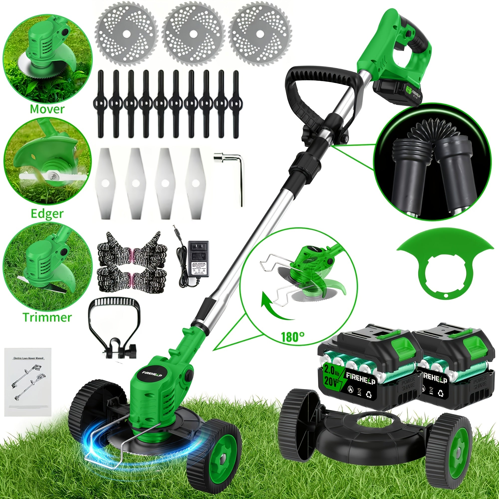 Cordless Lawn Mower and Trimmer Combo with 3 Blades and Lithium Battery