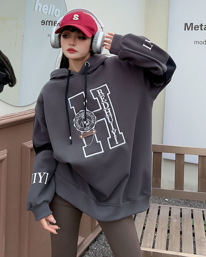 Women's Embroidered Velvet Padded Hooded Sweatshirt