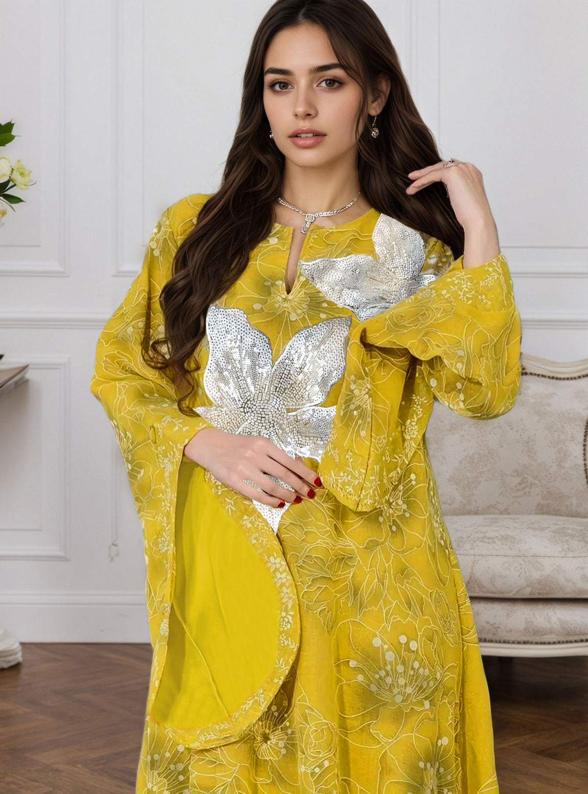 Heavy-embellished Rhinestone Floral Robe with an Elegant Vibe and Batwing Sleeves