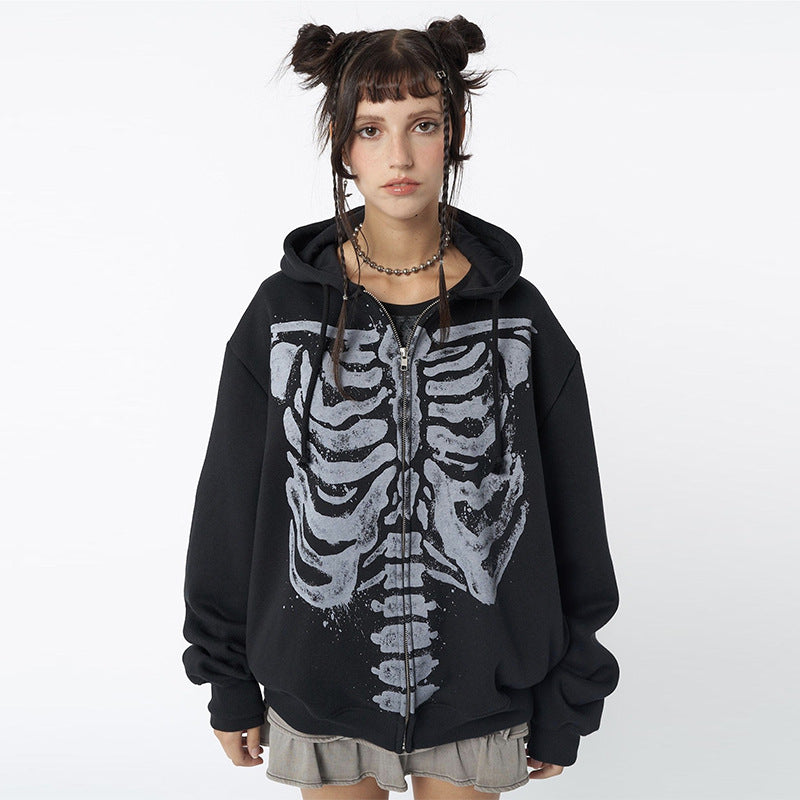 Edgy Skeleton Print Long Sleeve Cardigan Sweatshirt