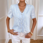 Lace-trimmed V-neck Short-sleeve Chiffon Embroidered Blouse With A French-inspired Cutout Design