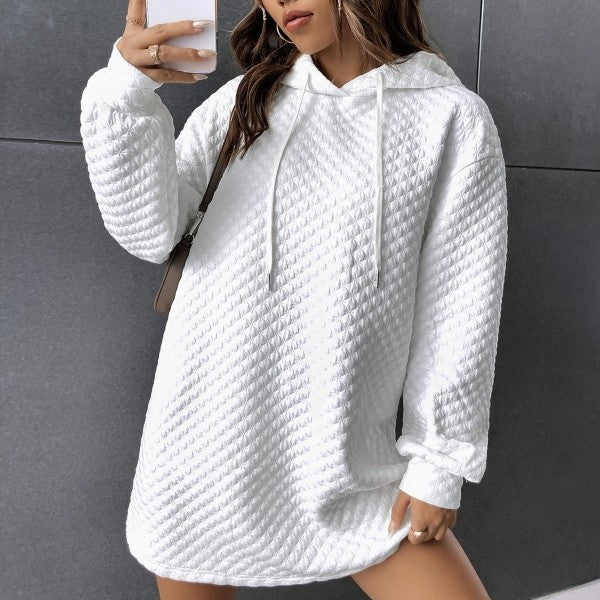 Waffle Knit Loose Drawstring Hoodie Casual Sweatshirt