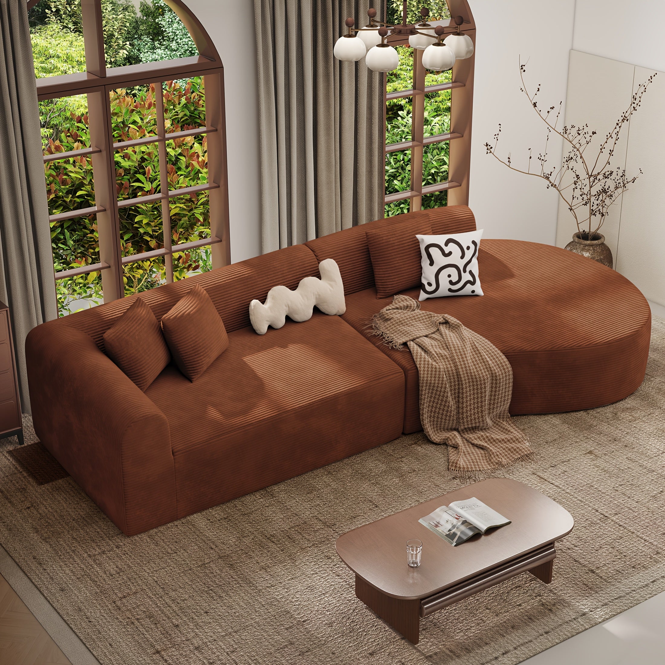 Modular L-shaped chaise longue sofa bed with deep seat and corduroy upholstery