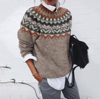 Chic Digital Print Round Neck Knit Sweater