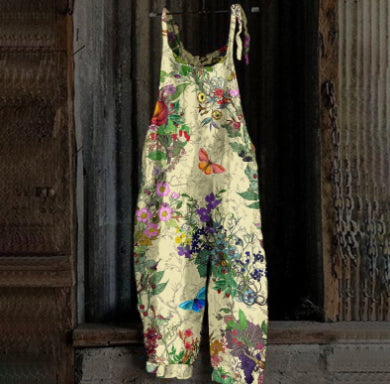 Women's Printed Street Hipster Fashion Multi-color Cotton And Linen Suspender Jumpsuit