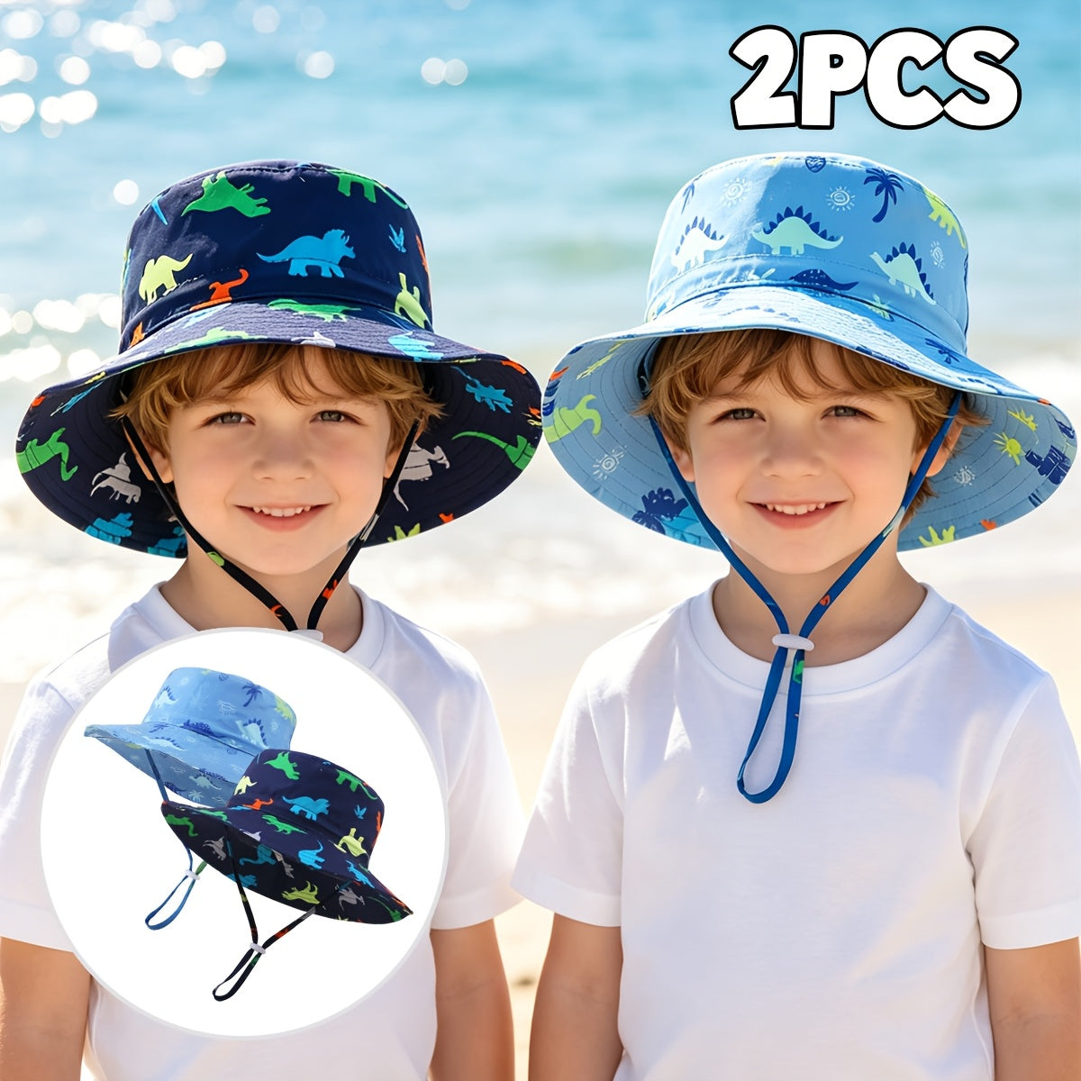 2‑Piece Camouflage Dinosaur Print Bucket Hats with Wide Brim and Adjustable Wind‑Proof Cord