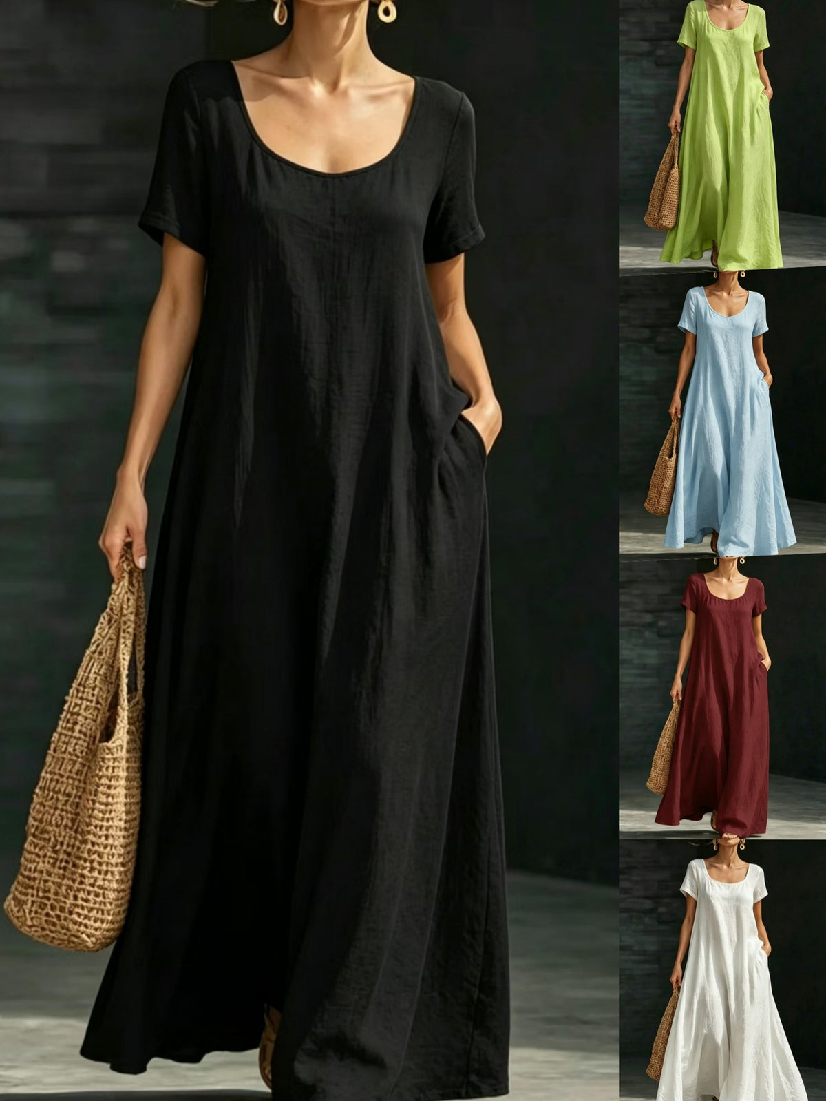 Summer U-neck Short Sleeve Flowy Maxi Dress - Casual Solid Color Women's Loose Dress Summer Dress for Women