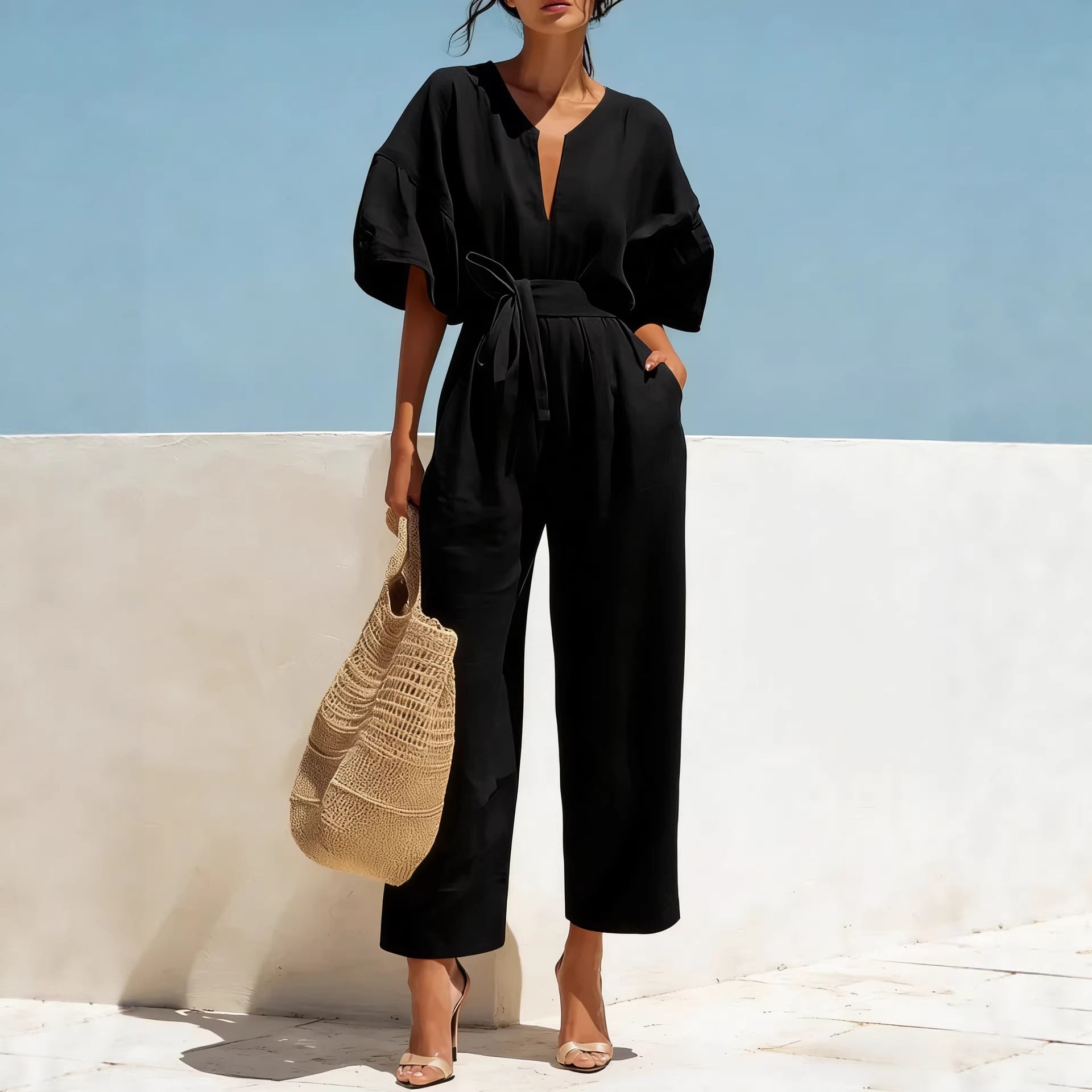 Women's Cotton Linen V-Neck Wide-Leg Jumpsuit