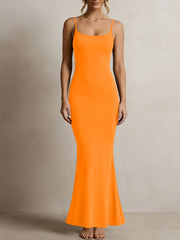 Women's Solid Color Spaghetti Strap Square Neck Bodycon Maxi Dress, Elegant Sleeveless Mermaid Evening Dress Summer Dress for Women