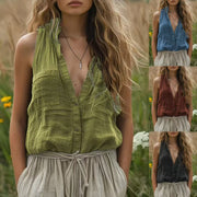 Women's Casual Loose Sleeveless Cotton Linen V-neck Pocket Vest Shirt