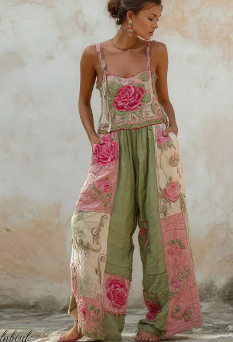 Bohemian Style Rose Embroidered Floral Patchwork Jumpsuit