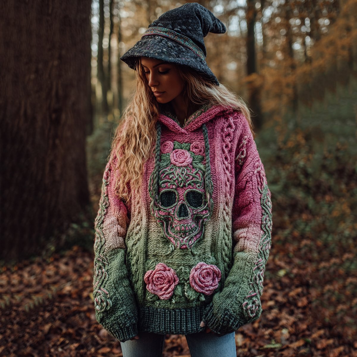 Autumn and Winter Relaxed-fit Hoodie Top Casual Drop-shoulder Vintage Printed Sweater