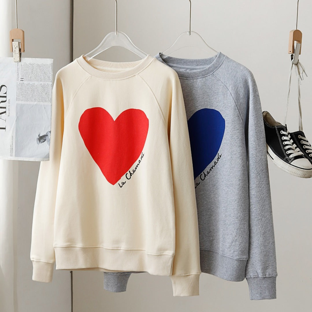 Cozy Heart Print Loose Fit Sweatshirt