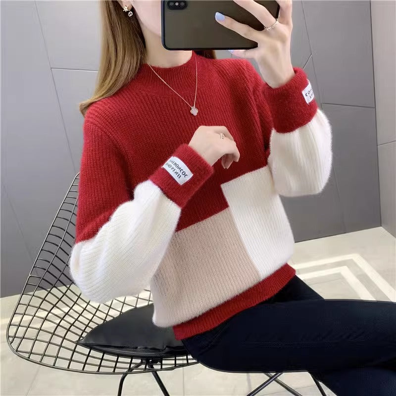 Womens High-waisted Colorblock Mink-blend Sweater