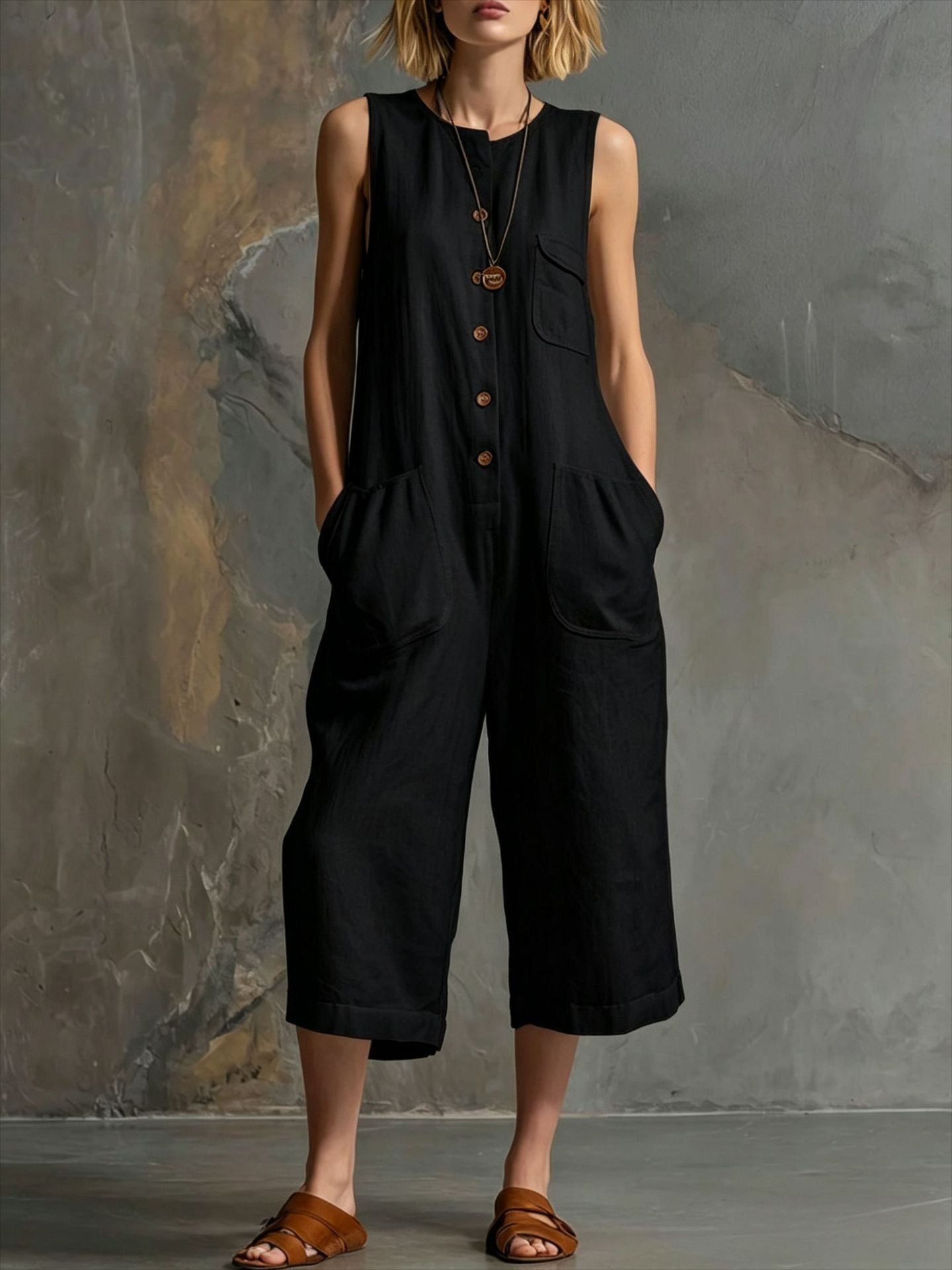 Retro Cotton-Linen Wide-Leg Cropped Jumpsuit