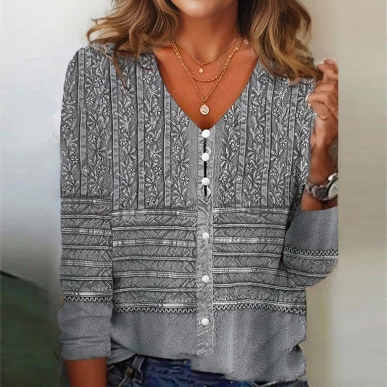 Spring And Autumn New Pattern Print V-neck Top