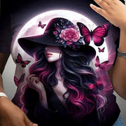 Plus Size Casual Round Neck T-Shirt with Pink Butterfly and Moon Print – Slightly Elastic, Machine Washable