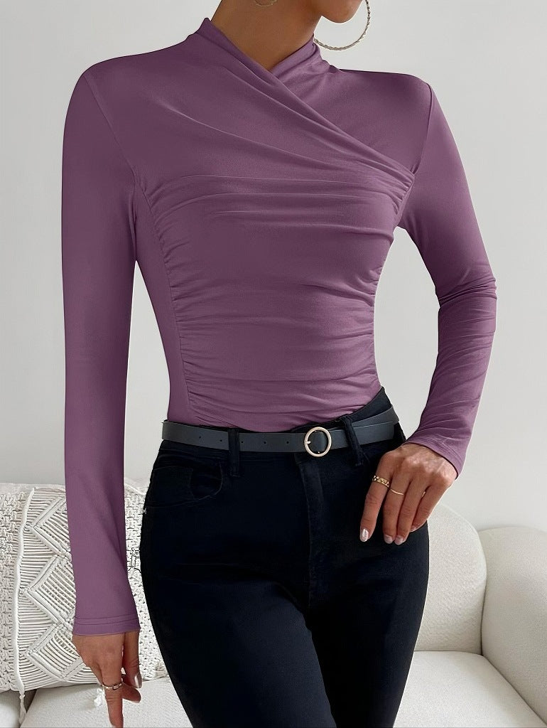 Cross Collar Pleated Slim Long Sleeve Top