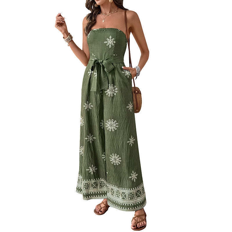 Casual Resort Style Strapless Ethnic-Print Loose Jumpsuit For Women
