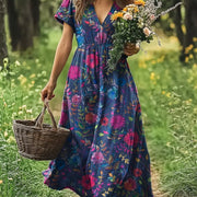 Print Dress Women's Elastic Waist-controlled Sleeves Loose
