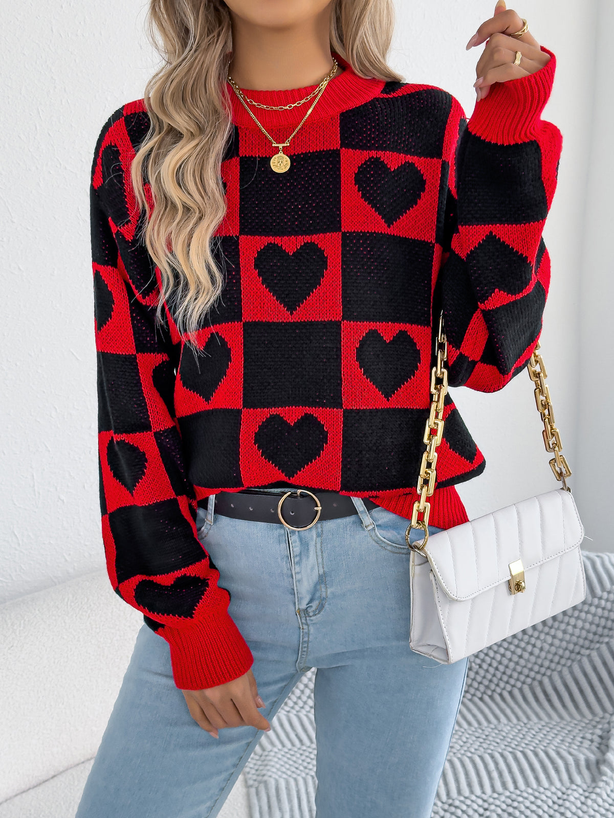 Women's Color-blocked Plaid Heart Lantern Sleeve Pullover Sweater for Valentine's Day