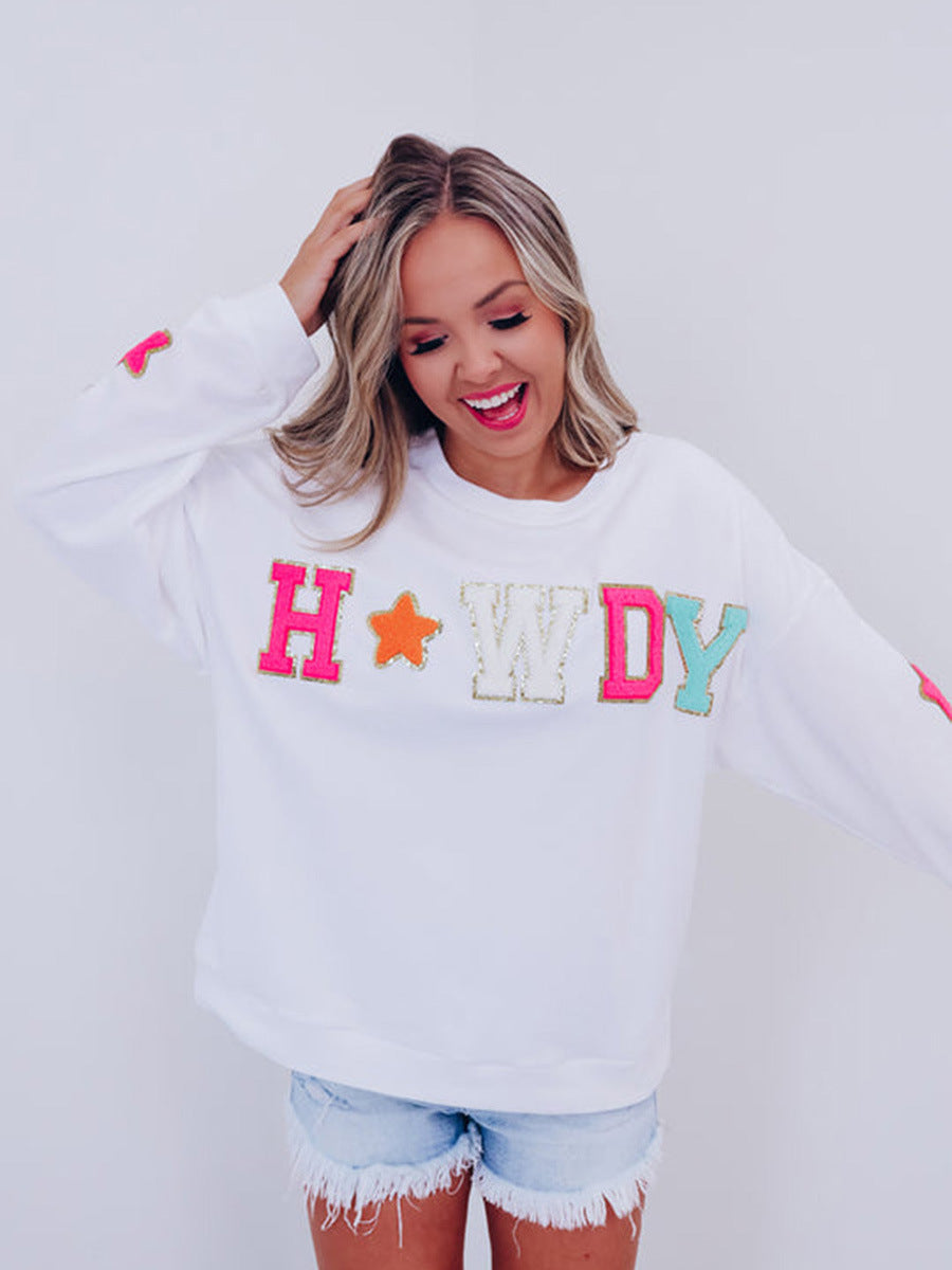 Chic Sequin Letter Round Neck Long Sleeve Sweater