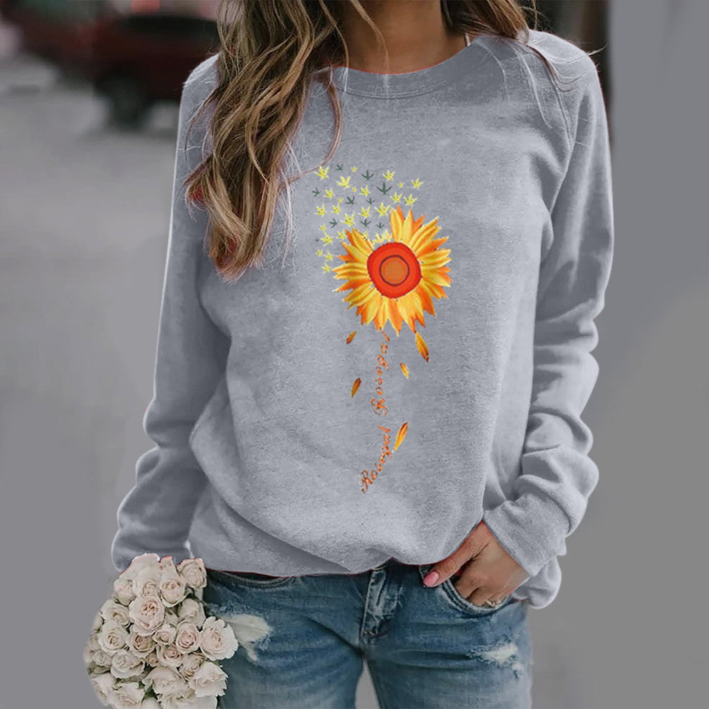 Women's Sunflower Print Long Sleeve Crew Neck Sweater
