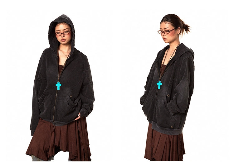 American Retro Washed Distressed Hooded Solid Color Hoodie