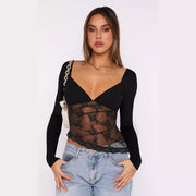 Autumn New Solid Color Lace Patchwork Top Womens Clothing