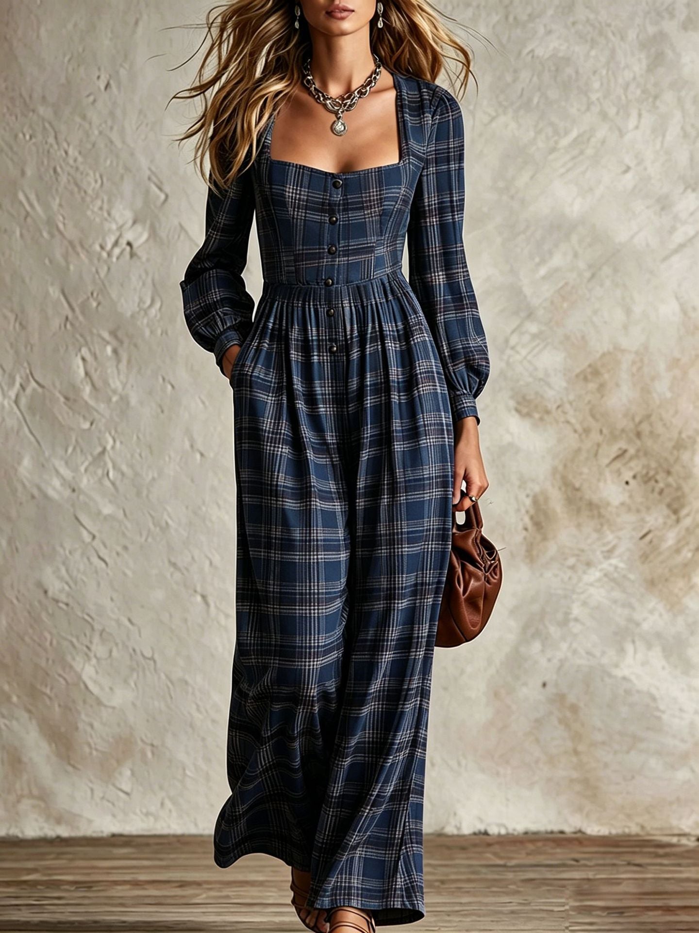 Womens Plaid Waist-Cinching Wide-Leg Jumpsuit