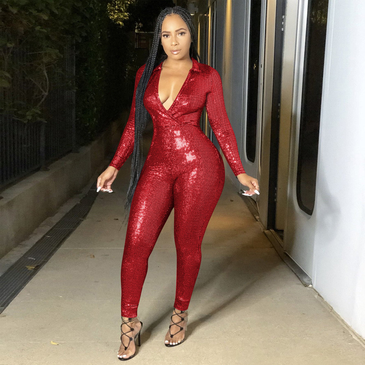 Women's Deep V-Neck Metallic Jumpsuit