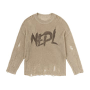 Retro Distressed Knit Top Casual Loose Long-Sleeve T-Shirt
