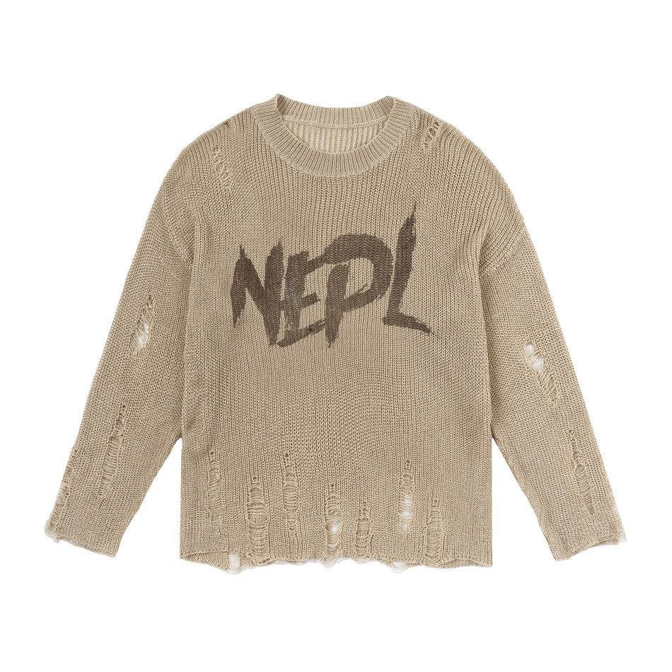 Retro Distressed Knit Top Casual Loose Long-Sleeve T-Shirt