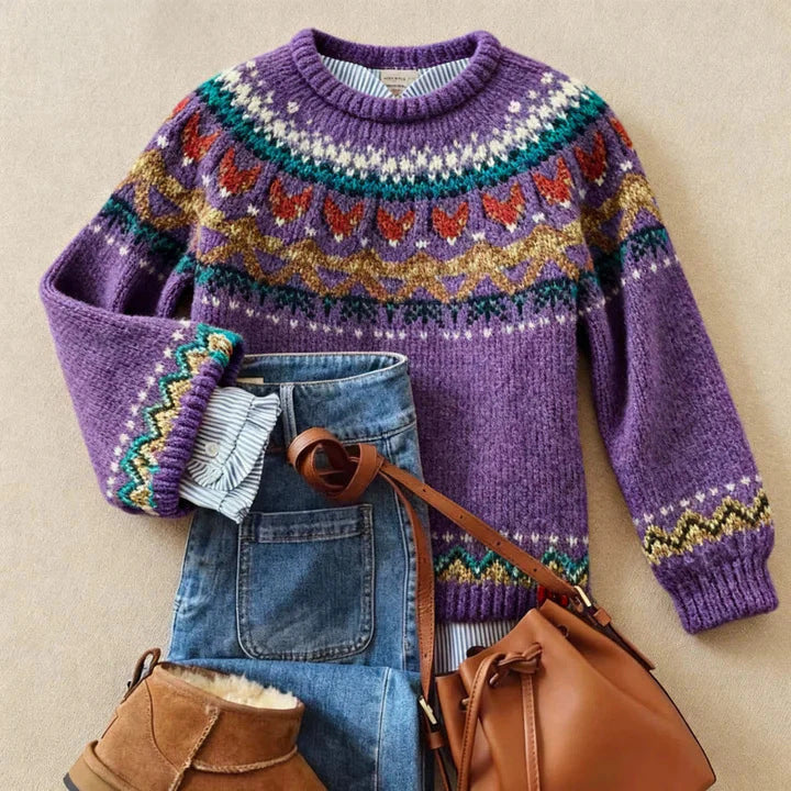 Retro Crew-neck Knit Sweater From Europe and the Us Casual Relaxed Fit Color-block Long-sleeve Pullover