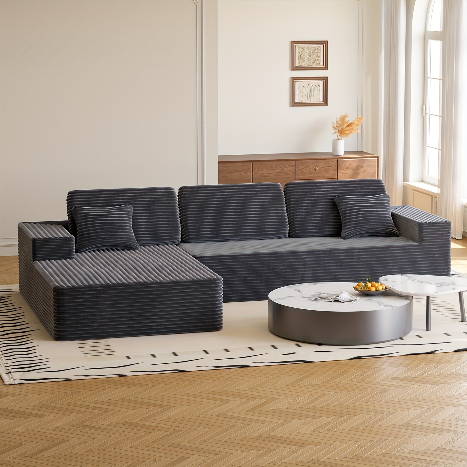 Modular L-shaped chaise longue sofa bed with deep seat and corduroy upholstery