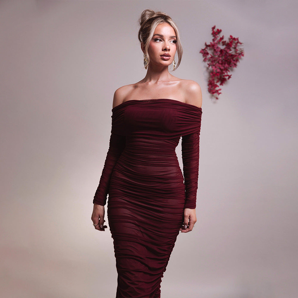 Mesh Off Shoulder Pleated Dress