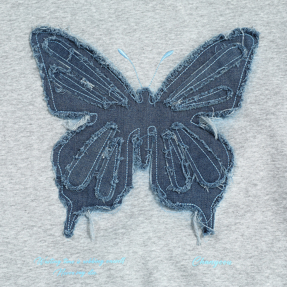 Chic Denim Butterfly Patch Loose Streetwear Sweater