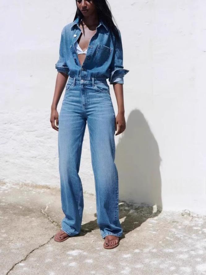 Women's Stylish Denim Long Jumpsuit with Turn-Down Collar