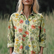 New Casual Printed Floral Button Polo Collar Top Shirt For Women