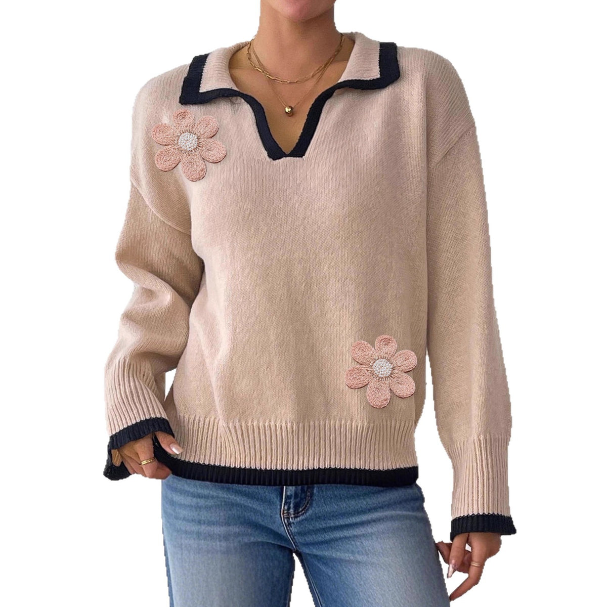 Floral-embroidered Patchwork Long-sleeve Top New Fall Winter