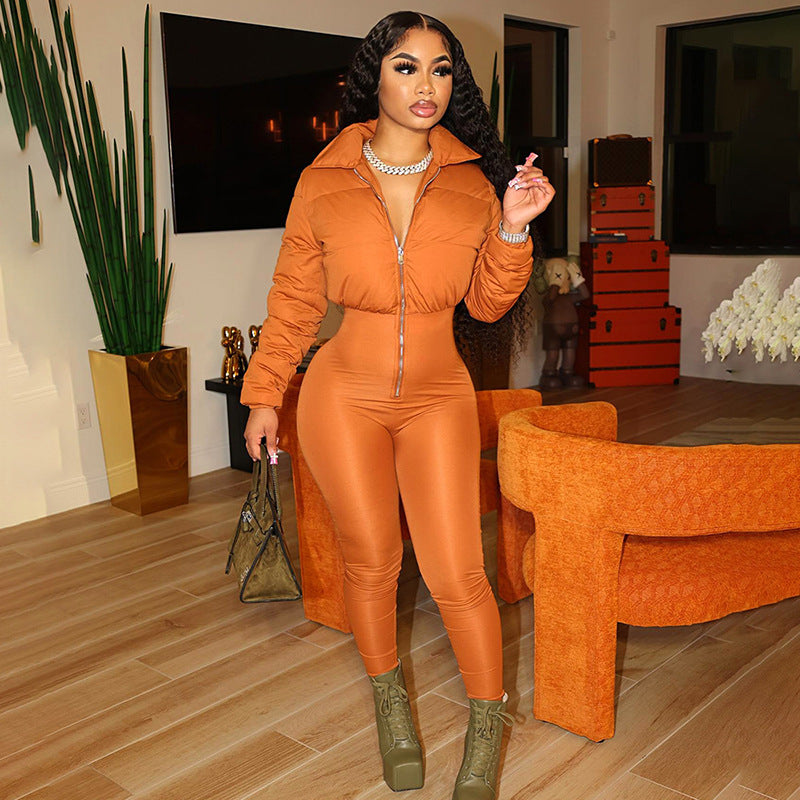 Thermal Stretchy Solid Color Zipper One-Piece Bodysuit Pants